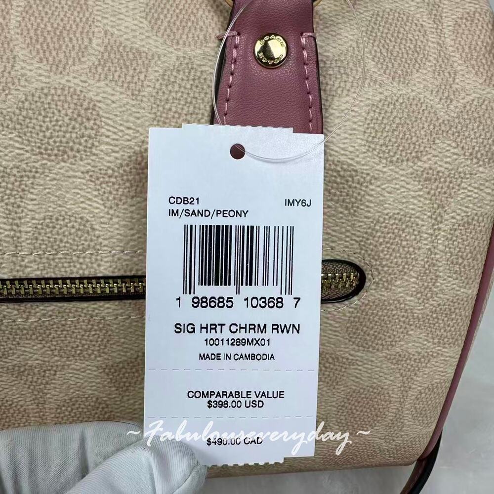 Coach Rowan Satchel Bag Signature Canvas With Heart Charm CDB21 Sand/Peony NWT - Picture 4 of 8